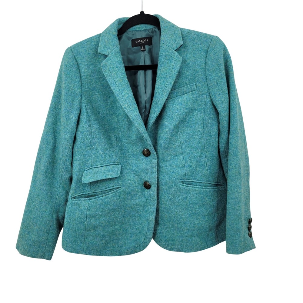 Vtg Talbots Petites Wool Blend Tweed Blazer Teal Blue Crested Button Jacket 8P